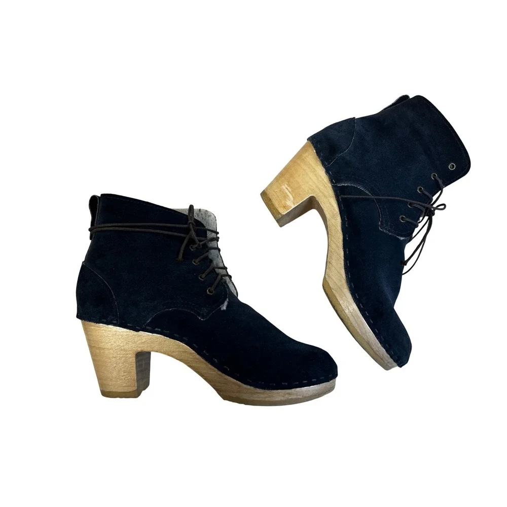 No.6 Suede Clog‎ Boots Women 39 Navy Blue Good Shearling Lined Lace Up Wood Heel
